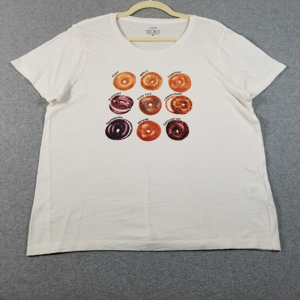 J.Crew T Shirt Women's XL White Sheer Bagels Collector Tee Cotton Short Sleeve
